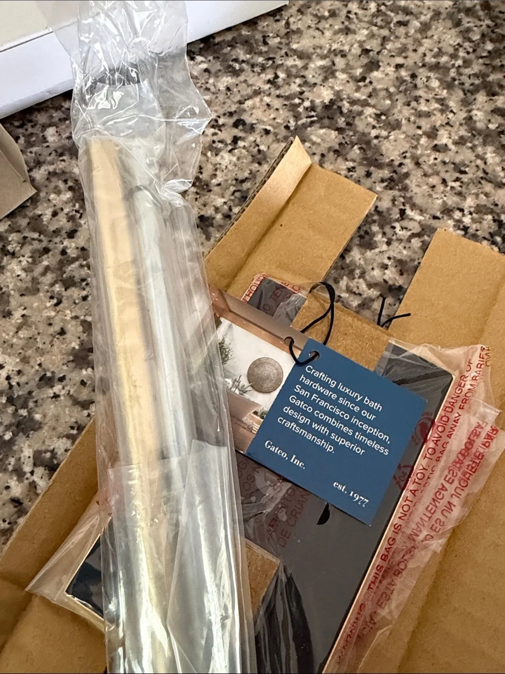 Gatco Brushed Brass and Clear Acrylic T-Style Countertop Towel Stand